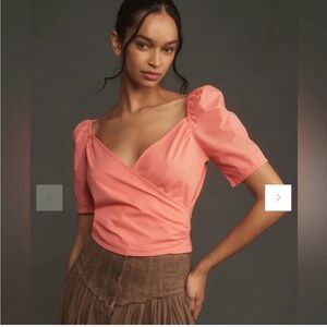Anthropologie Puff-Sleeve Wrap Top Size Large Coral Cropped Length